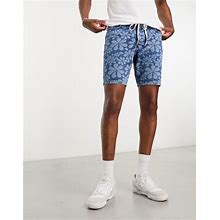 ASOS DESIGN Classic Rigid Regular Length Denim Shorts With Flower Print In Mid Wash Blue - Blue (Size: W32)