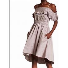 Tibi Dresses | Tibi Satin Poplin Ruffle Dress Cold Shoulder Size 4 | Color: Gray/Tan | Size: 4
