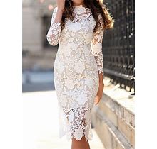 Women's White Lace Wedding Dress Midi Dress With Sleeve Date Elegant Streetwear Crew Neck 3/4 Length Sleeve White Color