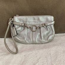 Coach Women's Handbag Purse Soft Silver Metallic Leather Belted Wristlet