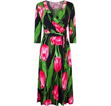 Bon Rosy, Women's, 3/4 Sleeve Faux Wrap Midi Dress Knee Length, Black Fuchsia, L