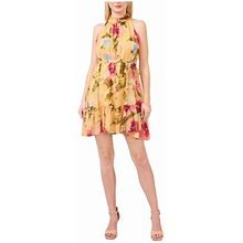 Msk Petites Womens Yellow Lined Button Up Tiered Ruffled Hem Floral Sleeveless Halter Short Party Fit + Flare Dress Petites PL