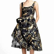 $3975 Marchesa Women Black Gold Foil Print Bubble Skirt Silk Evening Dress Sz 6