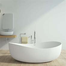 70" Contemporary Oval Freestanding Stone Resin Soaking Bathtub In Glossy White