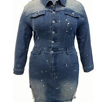 Plus Size Polka Dots Pocket Ripped Lapel Neck Dress, Women's Mini Denim Casual Trim Long Sleeve Button Lapel Collar Medium,Blue,Reliable,By Temu