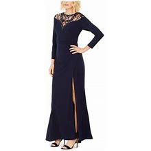 Adrianna Papell Womens Navy Lace Side Slit 3/4 Sleeve Crew Neck Maxi Formal Fit + Flare Dress 16