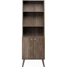 Prepac Milo Mid-Century Modern Tall Bookcase With Adjustable Shelves, Two Doors, And Brushed Brass-Finished Knobs