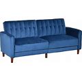 HOMCOM Convertible Sofa Sleeper Futon With Split Back Design Recline, Thick Padded Velvet-Touch Cushion Seating And Wood Legs, Blue