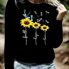Floral Print Crew Neck T-Shirt, Blouses, Tee, Women's Flower Print Casual Long Sleeve Top For Spring Fall Women's Clothing T-,Black,Trending,By Temu