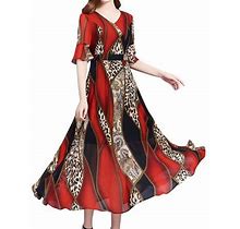 Spftem Women Fashion Summer V-Neck Knee Length Short Sleeve Leopard Print Dress