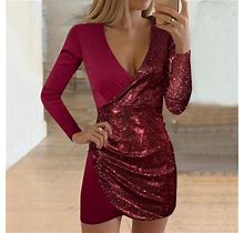 Women's Dress Women Sequins V-Neck Long Sleeve Self Cultivation Dresses Slim Elegant Ladies Party Dress Red S