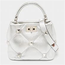 Valentino Women's Silver Quilted Leather Roman Stud Top Handle Bag Small