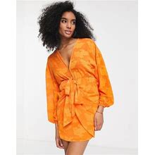 ASOS DESIGN Plunge Tie Front Mini Dress In Floral Jacquard In Orange - Orange (Size: 6)