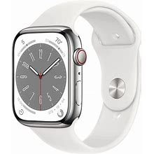 Apple Watch Series 8 (GPS + Cellular, 45MM) Silver Stainless Steel Case With White Sport Band (Renewed)