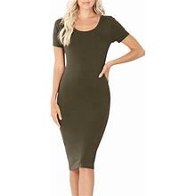 Womens Short Sleeve Bodycon Fitted Knee Length Midi Dress