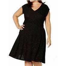 Ny Collection Womens 3Xp Black Glitter Mix Short Cap Sleeve Midi Dress