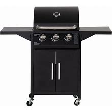 Outsunny 3 Burner Gas Grill, Outdoor Portable Propane Grill With Wheels, Carbon Steel Barbecue Trolley With Warming Rack, Side Shelves, Storage Cabin