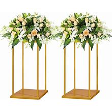 YALLOVE Gold Flower Stand Set Of 2, 15.75 Inch Tall Metal Square Centerpieces For Wedding Reception Table Decoration, Plant Display Rack At Home,