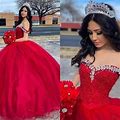 Red Quinceanera Dresses Off Shoulder Sweet 16 Princess Beaded Pageant