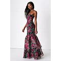 Green And Pink Floral Print Organza Maxi Dress | Womens | Medium (Available In L) | 100% Polyester | Lulus