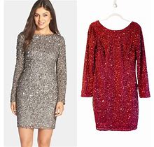 Adrianna Papell Dresses | Adrianna Papell Sequin Low Back Long Sleeve Lined Bodycon Dress | Color: Red | Size: 8