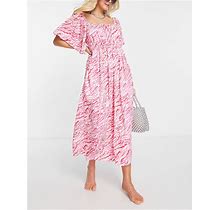 ASOS DESIGN Flutter Sleeve Beach Midaxi Dress In Pink Zebra-Multi - Multi (Size: 4)