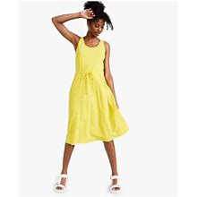 Style & Company Womens Yellow Woven Ribbed Drawstring Waistband Sleeveless Scoop Neck Midi Fit + Flare Dress Petites PM