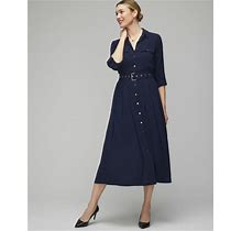 Women's Petite Long Sleeve Utility Shirt Dress In Navy Blue Size 12 | White House Black Market