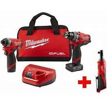 Milwaukee M12 FUEL 12-Volt Li-Ion Brushless Cordless Hammer Drill And Impact Driver Combo Kit (2-Tool) W/Free M12 3/8 in. Ratchet