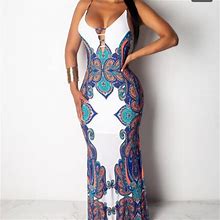 Retro Print Cutout Crisscross Backless Maxi Dress | Color: Blue/White | Size: L