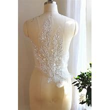 A091-I Large Heavy Beaded Leaf Silver White Lace Applique With Beads And Sequin For Dancing Costume, Shinny Prom Dress, Evening Dress
