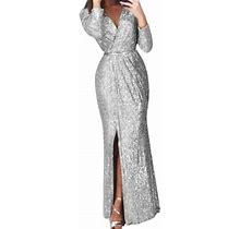 Haxmnou Christmas Party Dresses For Women Sequin Long Sleeve V Neck Long Nightclub Style Slim Sling Dress With Slit Holiday Party Dress White S