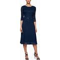 Alex Evenings Sequined Lace Contrast Dress - Navy Blue - Size 18