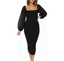 MASCOMODA Women's 2024 Long Puff Sleeve Ruched Midi Bodycon Dress Sexy Mesh Wedding Guest Party Cocktail Dresses