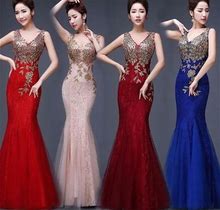 Women Backless Lace Evening Dress Long Embroidery Zipper Gown