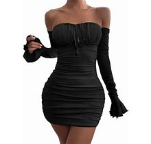 Snowsong Long Sleeve Dress,Midi Dresses Women's Long Sleeve Sexy Wrap Chest Dress With Pleated Front Strap Flared Sleeves Dress Long Sleeve Dress,Wrap