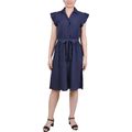 Ny Collection Petite Belted Flutter Sleeve Printed Dress - Navy White Dot - Size PL