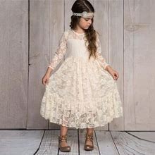 Kids Little Girls' Dress Solid Colored A Line Dress Daily Lace Mesh Embroidered White Pink Beige Cotton Maxi Long Sleeve Cute Princess Dresses Fall Wi