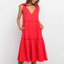 Summer Savings Clearance 2024! Tagold Womens Summer Dresses, Women's Sun Dress Solid Color Dress Summer Strap Dress A Line Midi Dress Red M