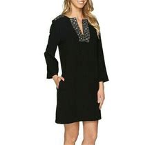 Karen Kane 4L17321 Black Embellished Crepe Split Neck Shift Dress
