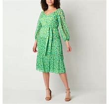 Danny & Nicole 3/4 Sleeve Floral Midi Fit + Flare Dress | Green | Womens 16 | Dresses Fit + Flare Dresses | Tiered|Hidden Closure | Spring Fashion | E