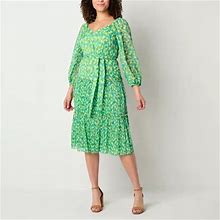 Danny & Nicole 3/4 Sleeve Floral Midi Fit + Flare Dress | Green | Womens 10 | Dresses Fit + Flare Dresses | Tiered|Hidden Closure | Spring Fashion | E