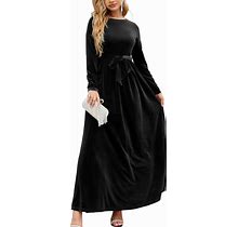 Sunidol Women's Velvet Belted Pleated Long Sleeve Cocktail Party Elegant A-Line Maxi Dress With Pockets