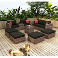 CTEX 10 Pieces Outdoor Patio Garden Brown Wicker Sectional Conversation Sofa Set With Black Cushions And Red Pillows