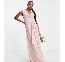 TFNC Petite Bridesmaid Flutter Sleeve Ruffle Detail Maxi Dress In Blush-Pink - Pink (Size: 8)