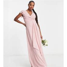 TFNC Petite Bridesmaid Flutter Sleeve Ruffle Detail Maxi Dress In Blush-Pink - Pink (Size: 4)