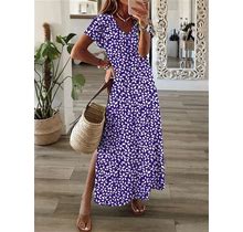 Casual Floral Short Sleeve V Neck Printed Dress Purple/S