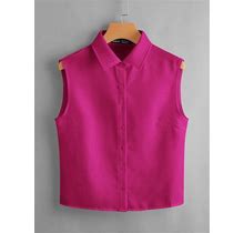 Solid Button Front Sleeveless Shirt,S