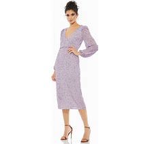 Women's Sequined Illusion Puff Sleeve V Neck Midi Dress - Lavender