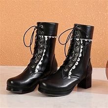Tawop Black Boots Fashion Lace Leather Boots Thick Heel Strap Casual Booties Boots For Women